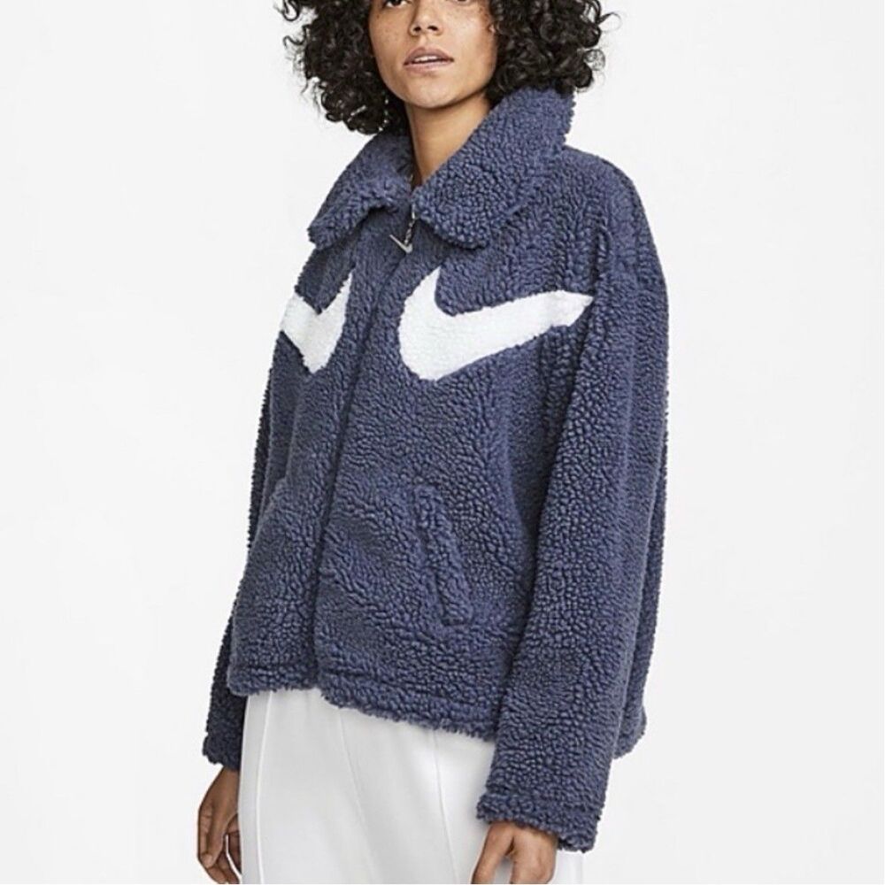 NEW Nike Women's Sportswear Swoosh Sherpa Full-Zip Jacket In Thunder Blue Large